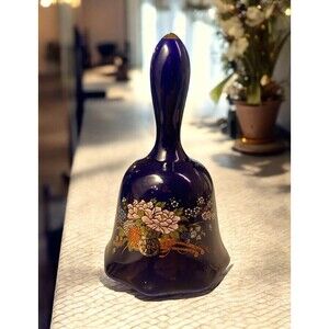 Vintage Porcelain Cobalt Blue Bell w/Gold Trim Floral Motif Garden Design Japan